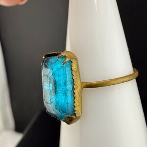 Vintage Estate Cocktail Ring Blue Emerald Cut Glass Brass Tone 4.5